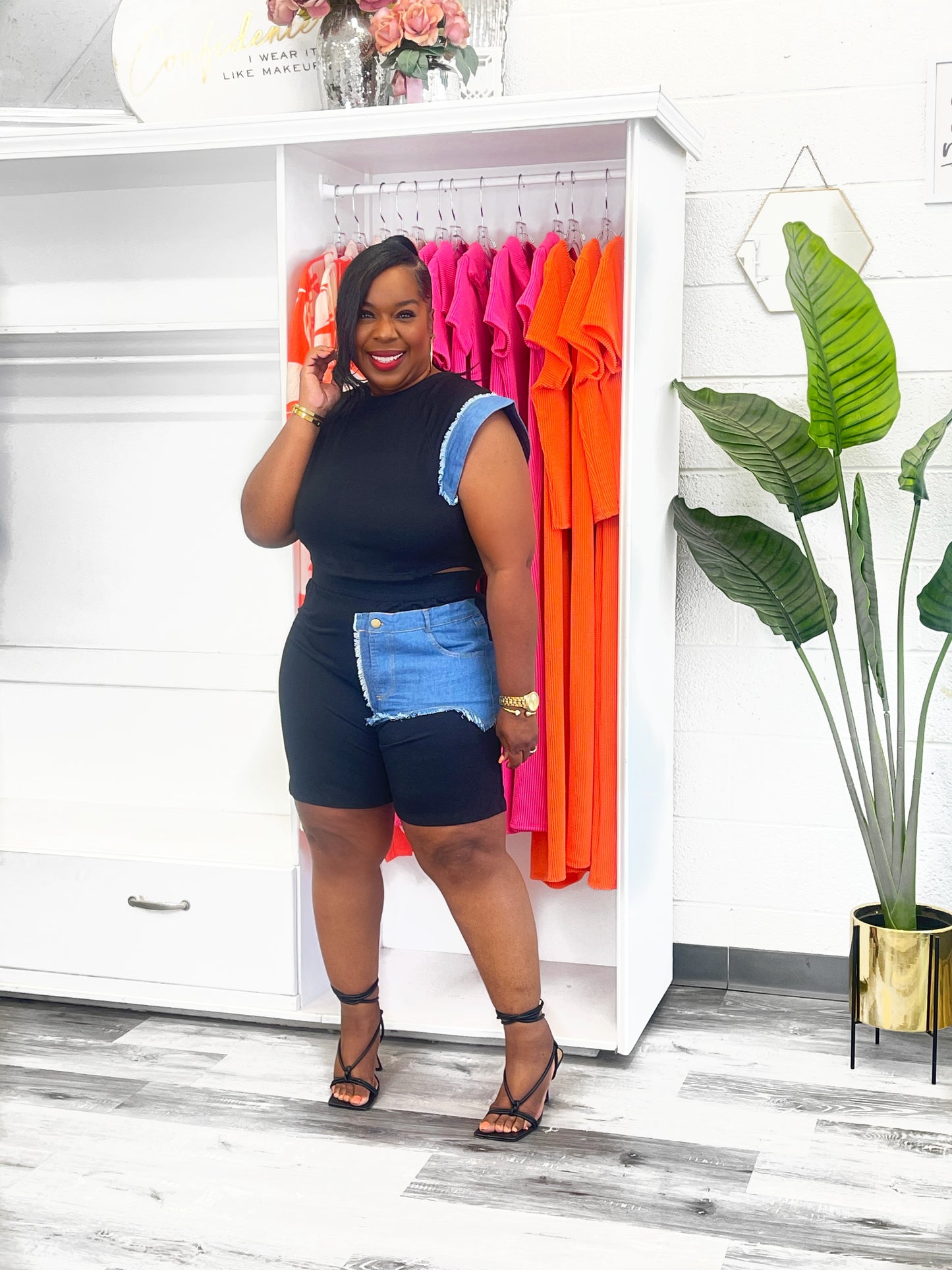 Color Block Denim & Black Short Set