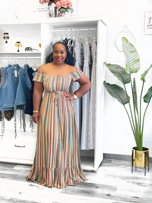 Printed Off Shoulder Boho Maxi Dress