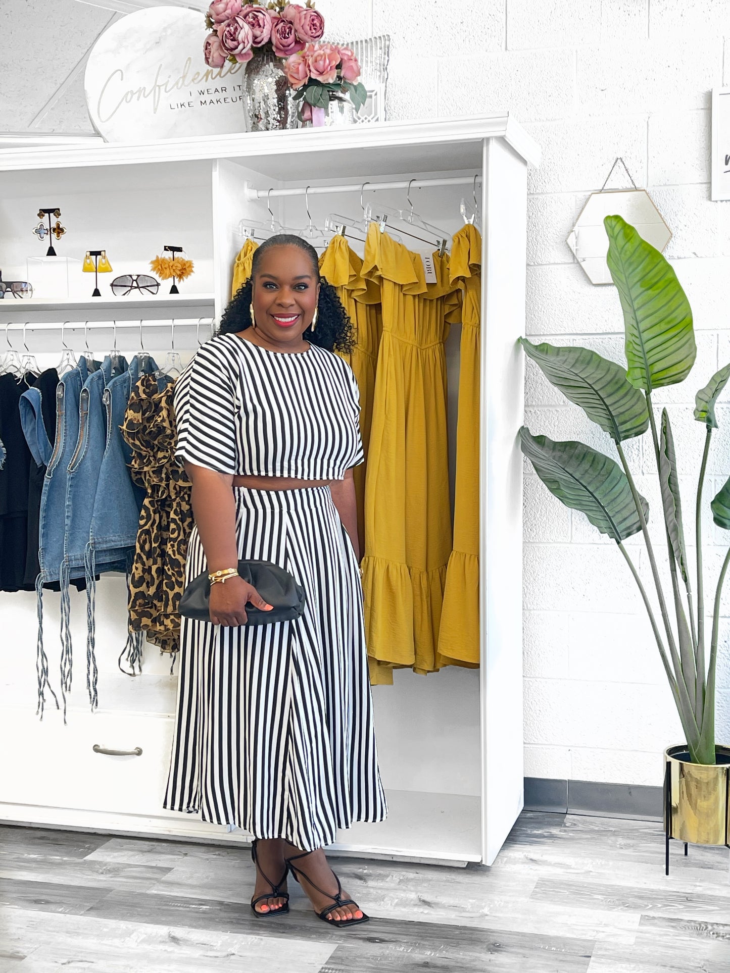 Black & White Stripe Midi Skirt Set