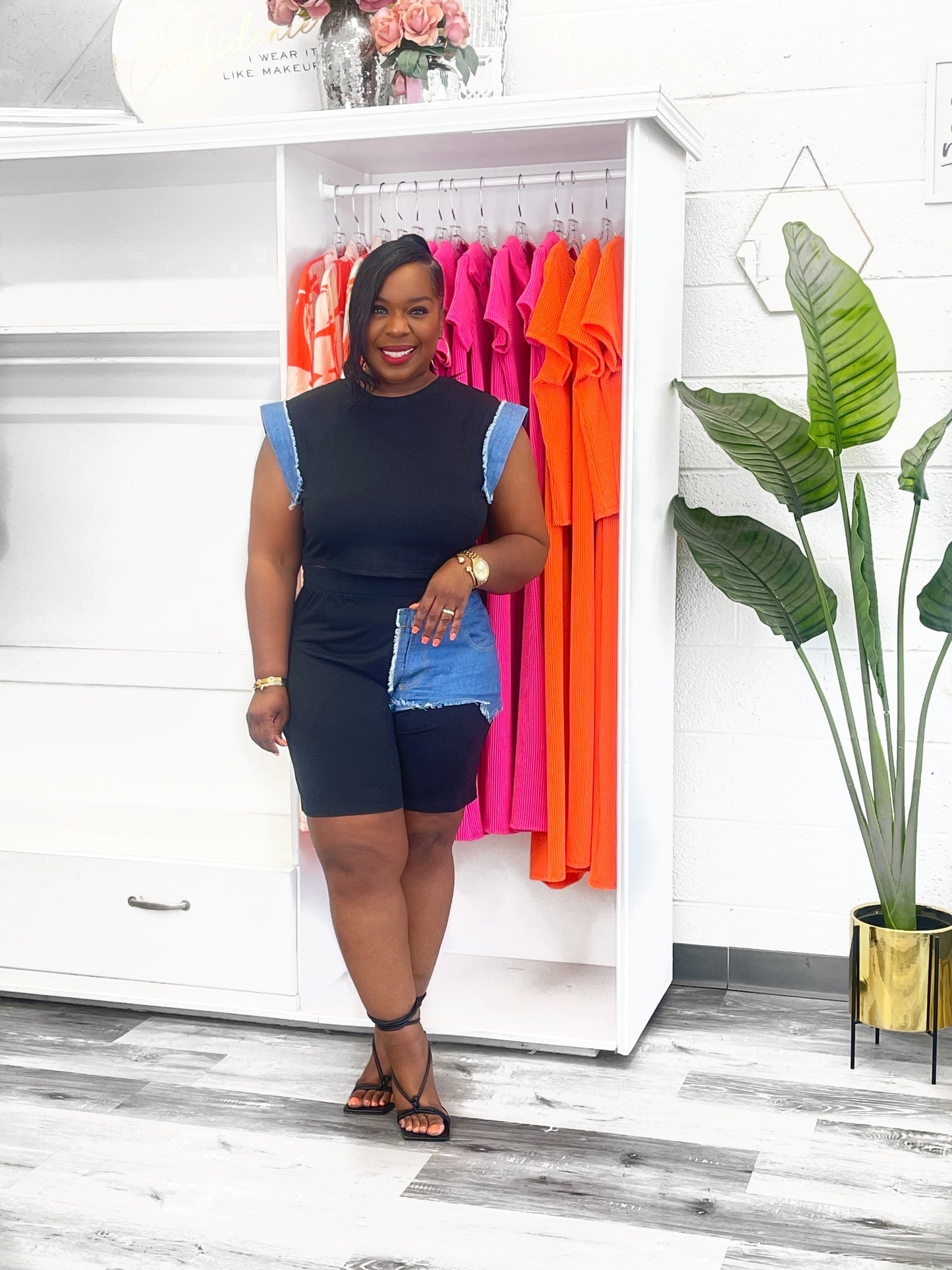 Color Block Denim & Black Short Set