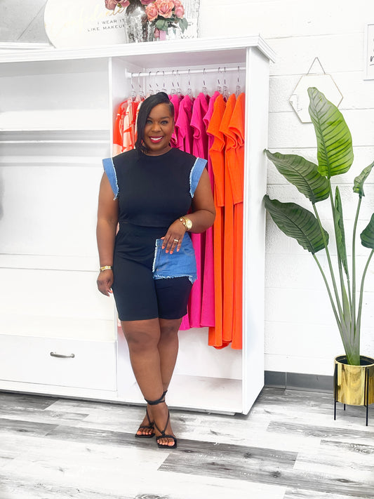 Color Block Denim & Black Short Set